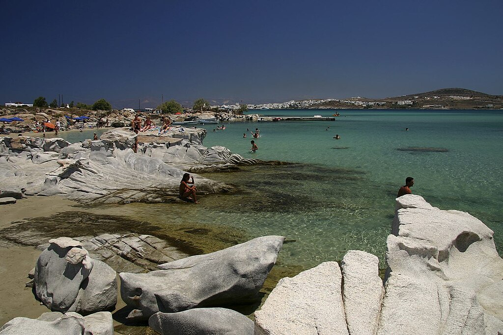 Kolymbithres Beach in Paros, featuring a mixed shoreline with calm water conditions