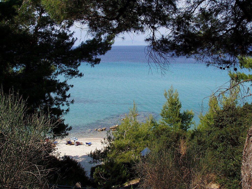 Kryopigi Beach in Chalkidiki, featuring a sandy shoreline with calm water conditions, certified with Blue Flag status for environmental quality