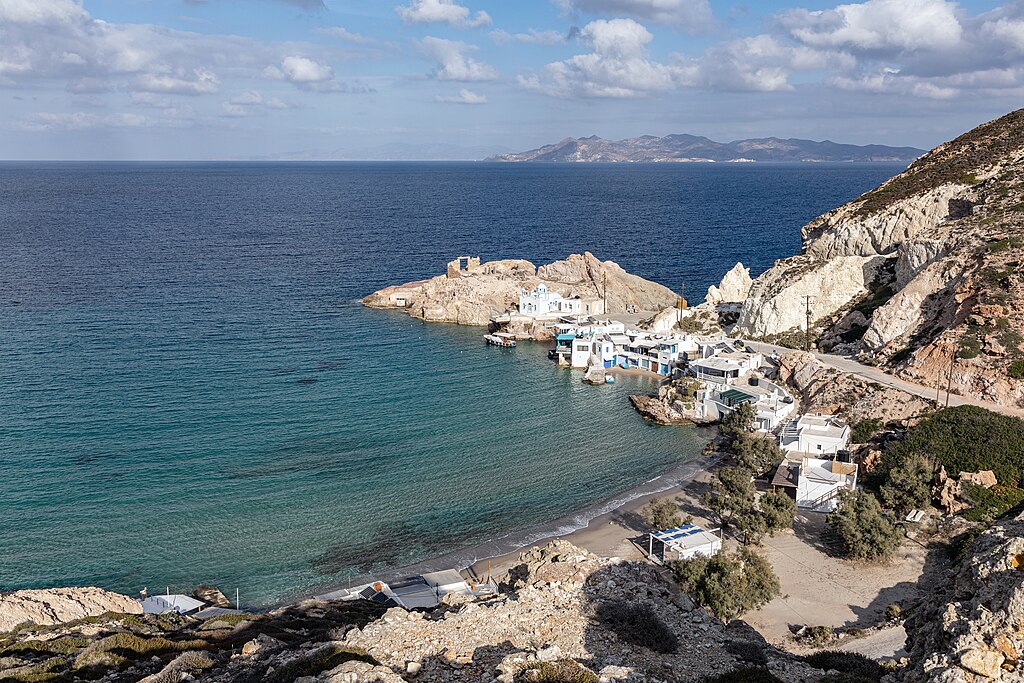 Firopotamos Beach in Milos, featuring a mixed shoreline with moderate water conditions