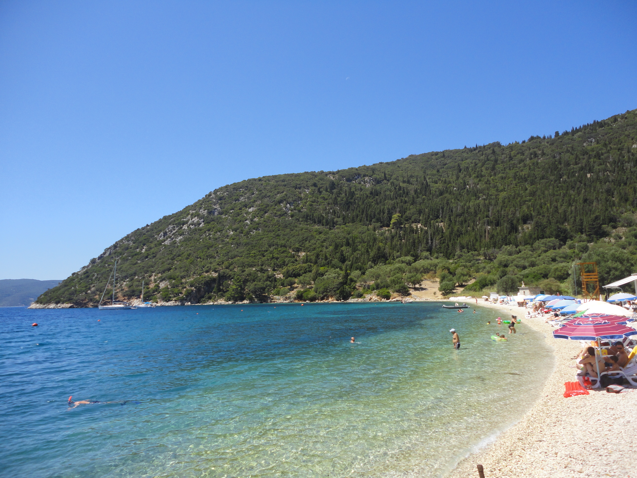 Avithos Beach in Kefalonia, featuring a sandy shoreline with calm water conditions