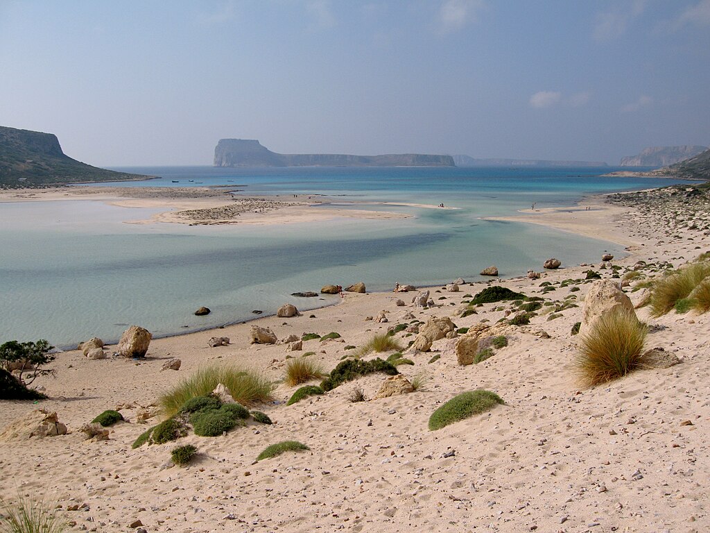 Balos Beach in Crete, featuring a mixed shoreline with calm water conditions