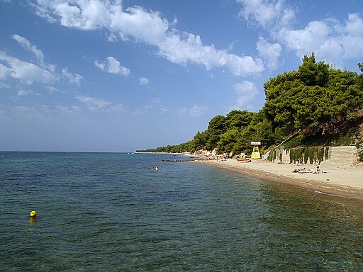 Elia Beach in Chalkidiki, featuring a mixed shoreline with calm water conditions
